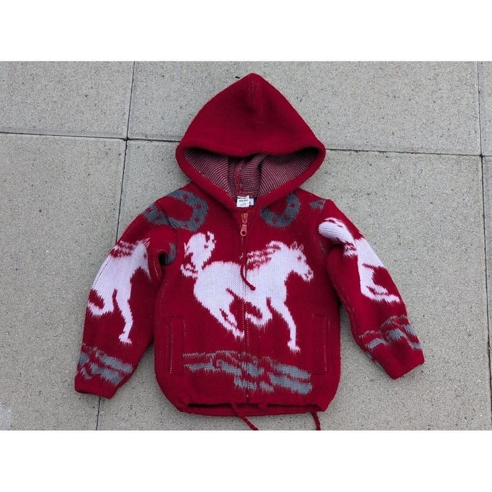 VTG Indian Maqui Sweater Kids Size 3T 4T Red Wool Hooded Horse Graphic Knit 90s